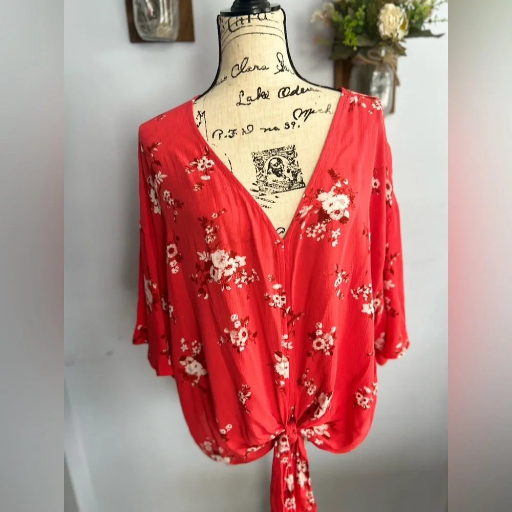 Mauby Floral print knotted blouse bohemian festival hippie relaxed‎ fit - Picture 2 of 11